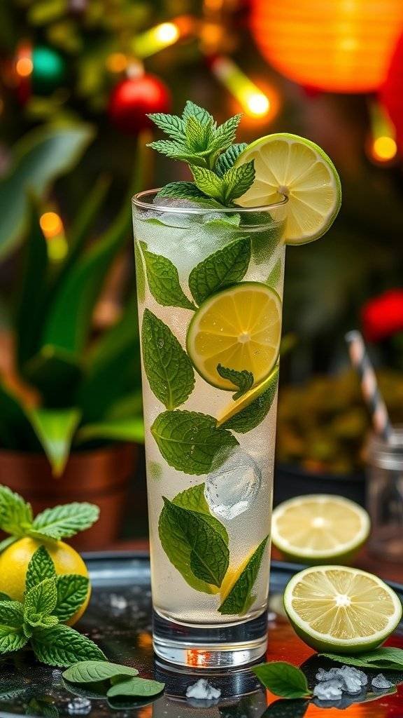 A refreshing Mojito Royale cocktail garnished with mint and blackberries, set against a backdrop of soft candlelight and floral arrangements.