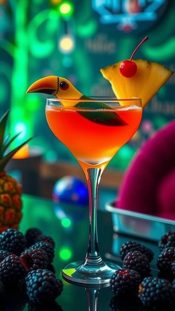 A colorful Jungle Bird cocktail garnished with a toucan and cherry, surrounded by blackberries.