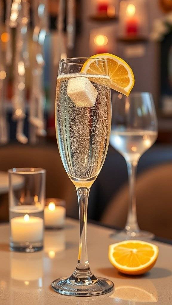 A champagne cocktail with lemon and blackberries, set in a luxurious mansion atmosphere.