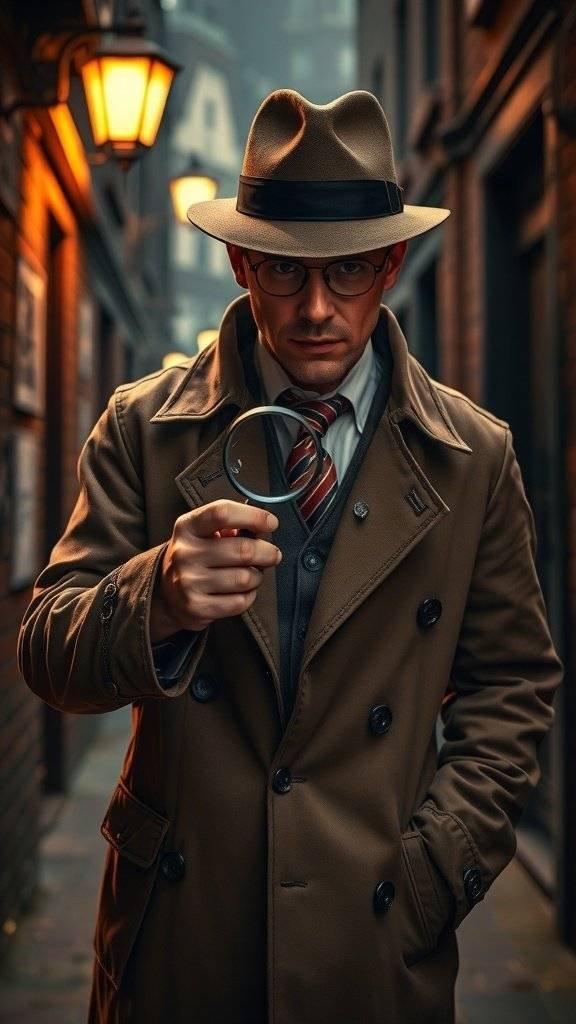 A man dressed as a Prohibition Era detective, wearing a trench coat and fedora, holding a magnifying glass in a dimly lit alley.