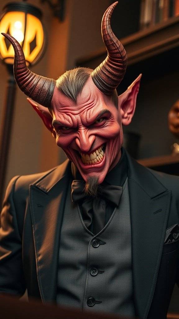 A man in a tuxedo with devil horns and a mischievous grin, embodying a Dapper Devil costume.