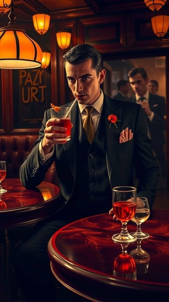 A dapper man in a tuxedo holding two cocktails in a speakeasy setting, embodying a Speakeasy Vampire costume.