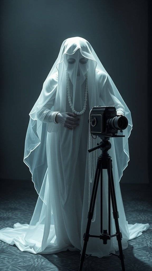 A ghostly figure in a flowing white gown and veil, holding a vintage camera on a tripod.