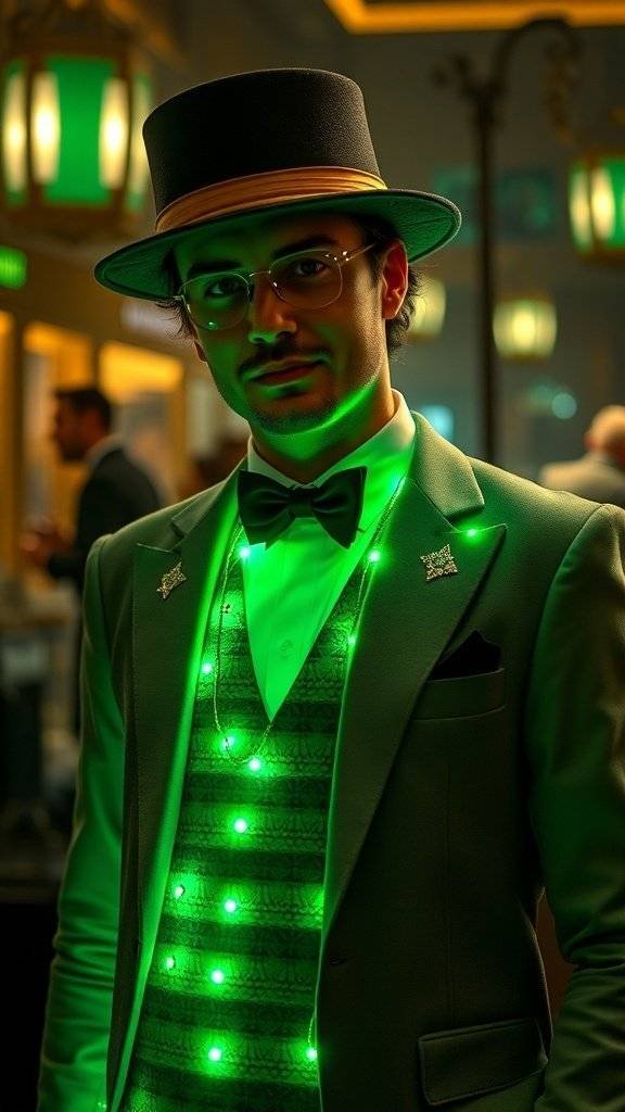 A man in a green 1920s-inspired costume with glowing accents, wearing a top hat and bow tie.