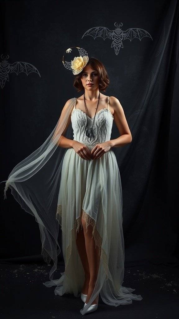 A model in a flowing white gown with a sheer overlay and a floral headpiece, embodying a Flapper Ghost costume against a dark background.