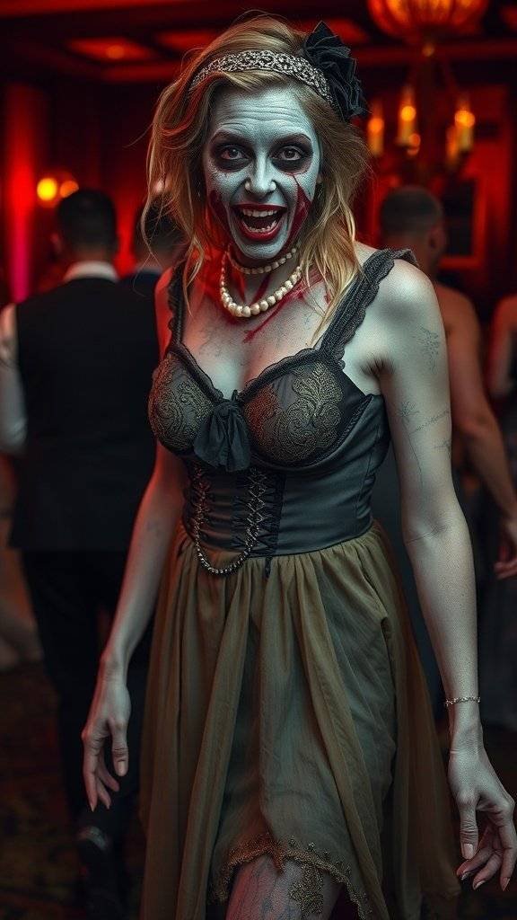 A woman in a vintage-style dress with zombie makeup, embodying a Charleston Zombie costume at a Halloween party.