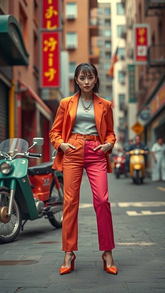 A model in a vibrant orange blazer and pink pants, showcasing a bold and colorful preppy outfit.