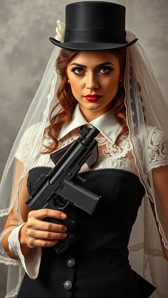 A bride in a white gown holding a vintage firearm, showcasing a unique gangster-inspired Halloween costume.