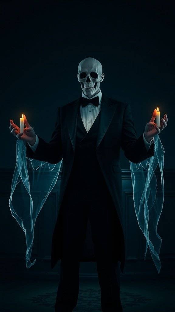 A skeleton in a tuxedo holding candles, draped in sheer fabric, embodying a ghostly party host.
