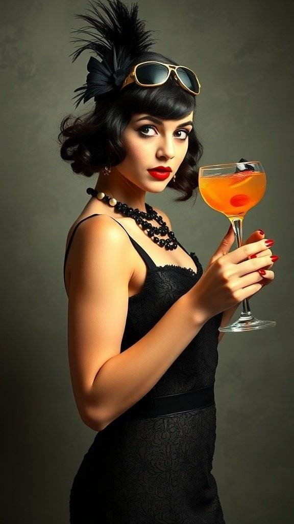 A woman in a flapper costume holding a cocktail, wearing a cloche hat and pearl necklace.