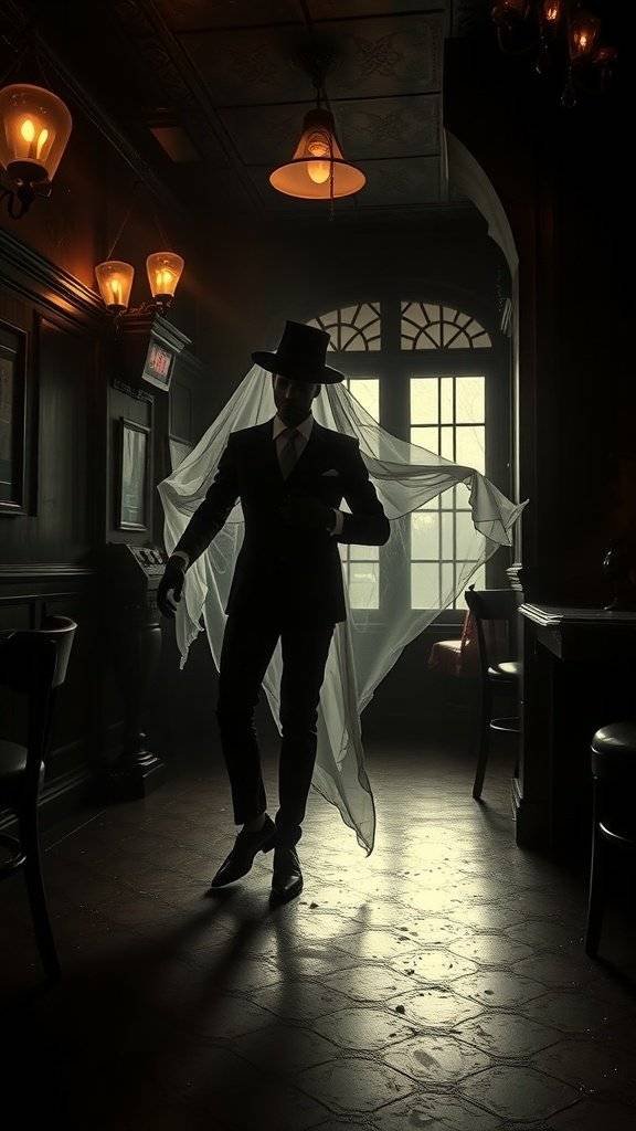 A mysterious figure in a suit with a flowing cape, standing in a dimly lit room reminiscent of the Jazz Age.