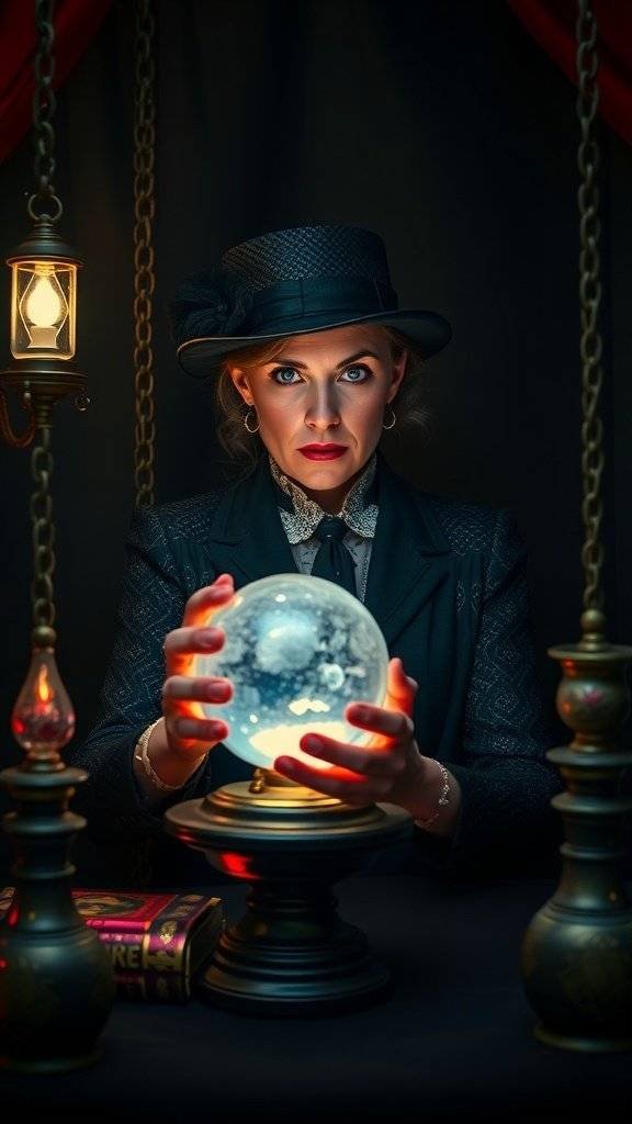 A woman dressed as a 1920s fortune teller, holding a crystal ball with lanterns in the background.