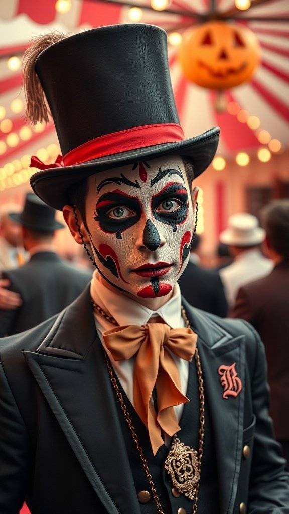 A vintage circus performer in a top hat and face paint, standing in a circus-themed setting.