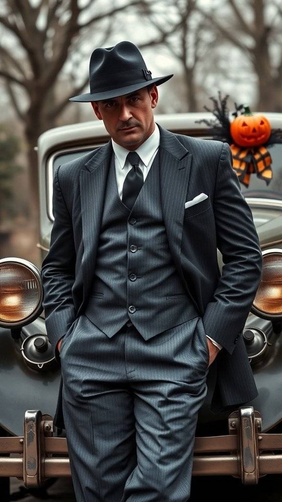 A man in a pinstripe suit and fedora stands next to a vintage car, with a Halloween pumpkin decoration.