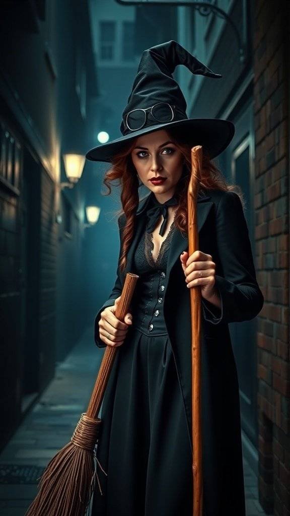 A woman dressed as a gangster witch, wearing a black outfit and hat, holding a broomstick in a dimly lit alley.