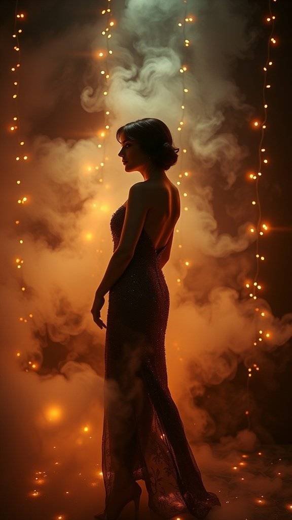 Silhouette of a woman in a sparkling gown with twinkling lights and smoke in the background.