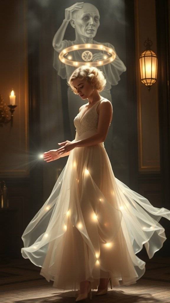 A woman in a flowing white dress with lights, inspired by 1920s fashion, standing in a vintage setting.