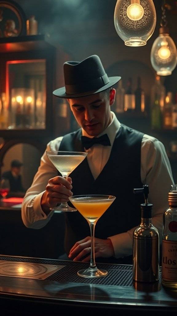 A bartender in a speakeasy setting, mixing cocktails with a vintage vibe.