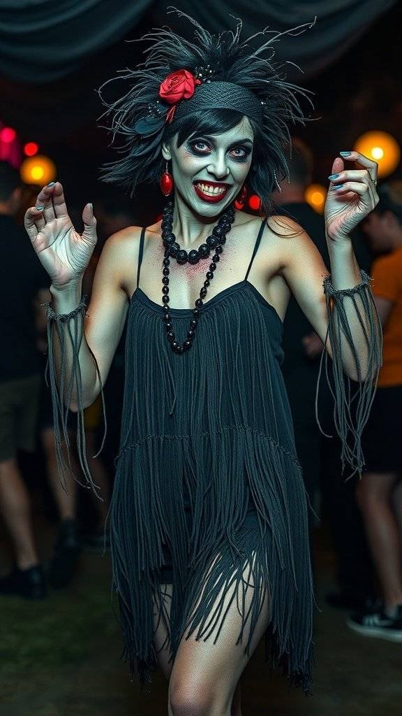 A woman dressed as a retro zombie flapper, wearing a black fringe dress and spooky makeup, dancing at a Halloween party.