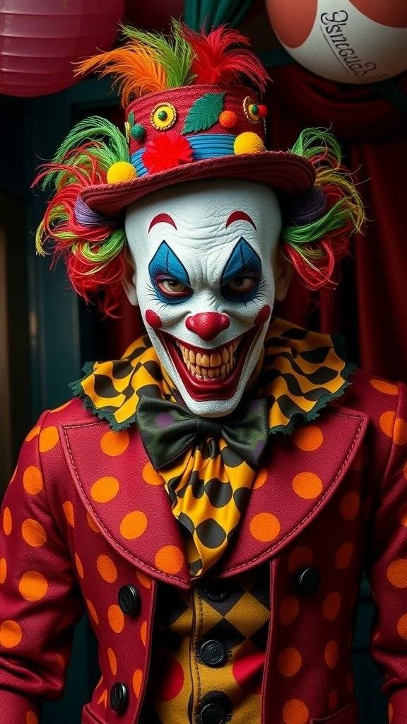 A creepy carnival clown with colorful hair and a polka-dotted coat, showcasing a sinister grin.