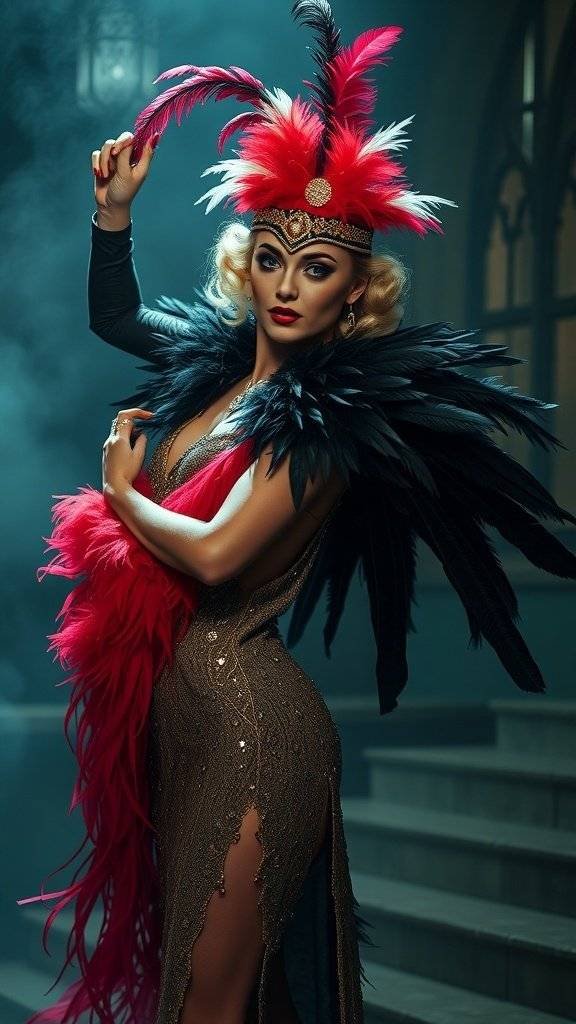 A glamorous showgirl from the Prohibition Era, wearing a feathered headdress and a sparkling dress.