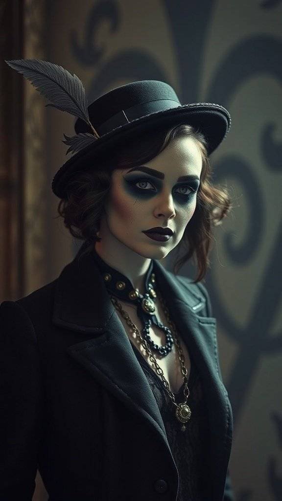 A vintage horror movie character with dramatic makeup, wearing a black hat and layered necklaces.