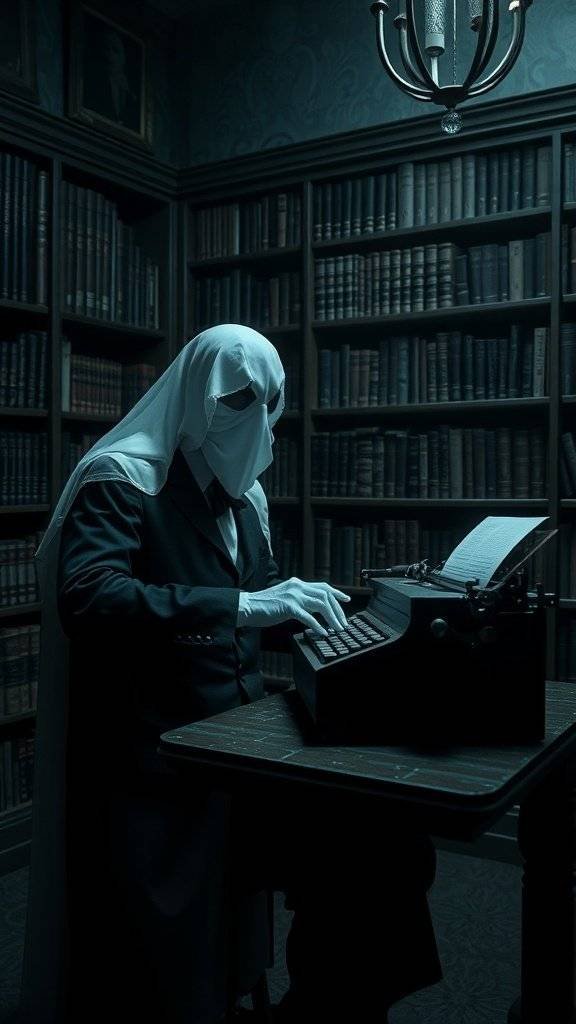 A ghostly figure in a white cape typing on an old typewriter in a library.