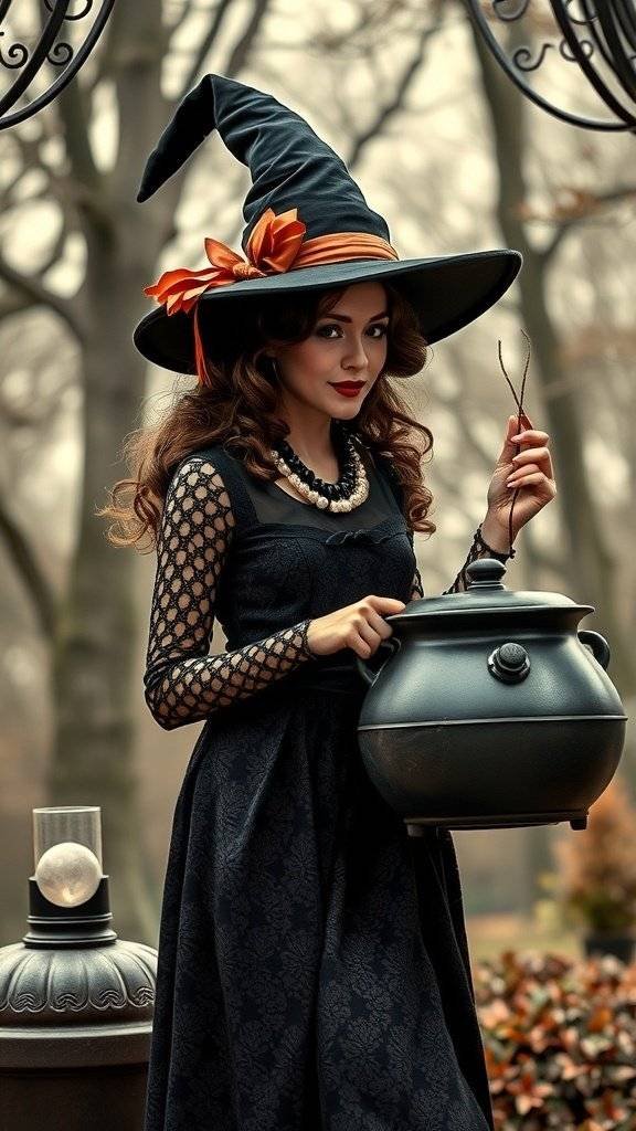 A stylish witch in a black dress and tall hat holding a cauldron, inspired by the 1920s.