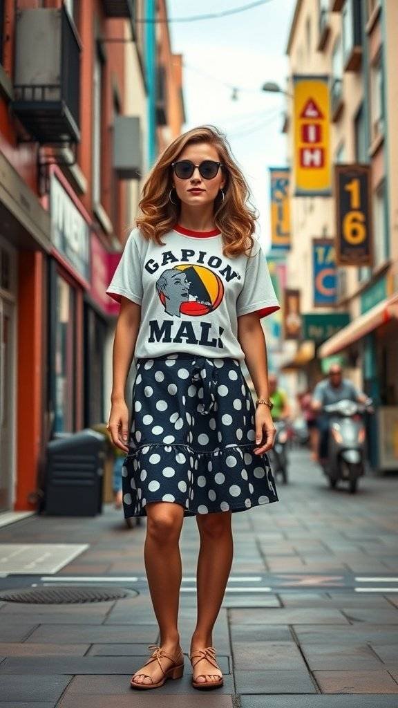 A woman wearing a polka dot skirt and a graphic tee, standing in a colorful urban setting.