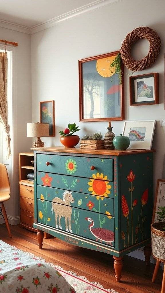 A hand painted dresser with colorful folk art designs, featuring flowers and animals, in a cozy room.