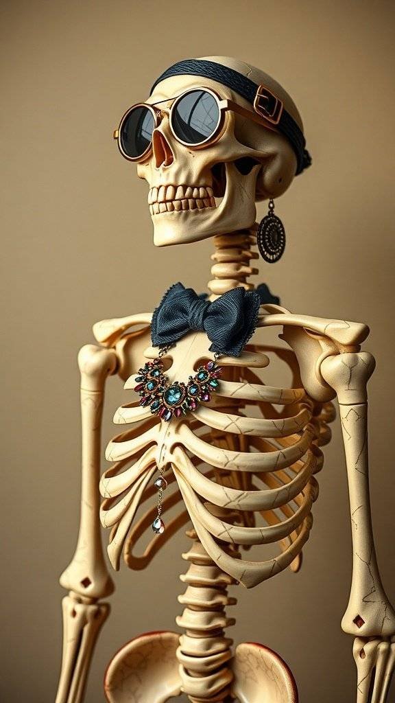 A stylish skeleton dressed in an Art Deco outfit, featuring a hat and a patterned vest.