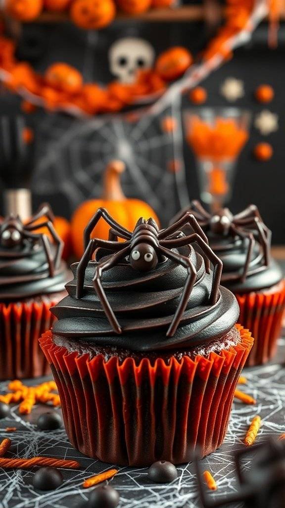 Chocolate spider cupcakes decorated for Halloween