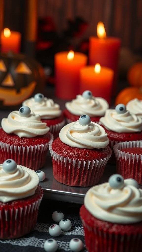 Ghoulish red velvet cupcakes with cream cheese frosting and spooky decorations