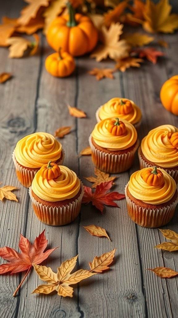 Whimsical pumpkin spice cupcakes with orange frosting and pumpkin decorations