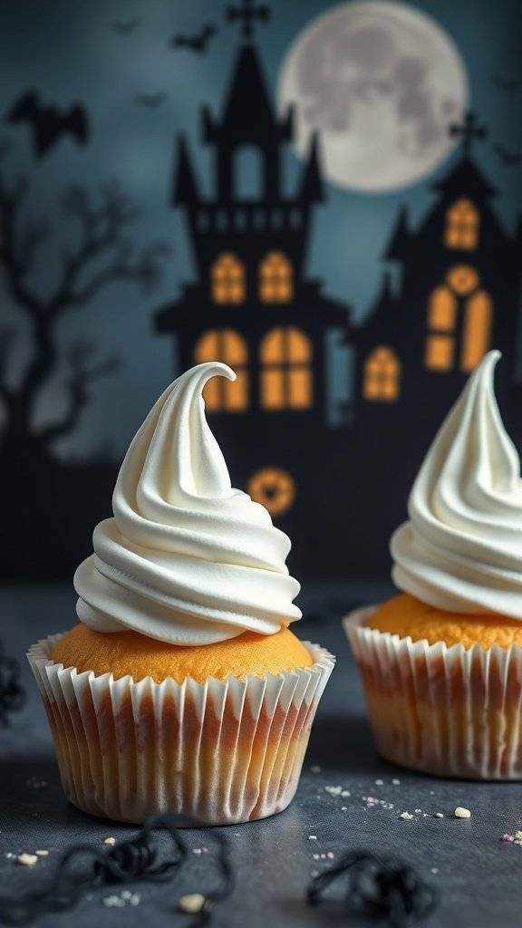 Eerie ghost meringue cupcakes with a spooky background