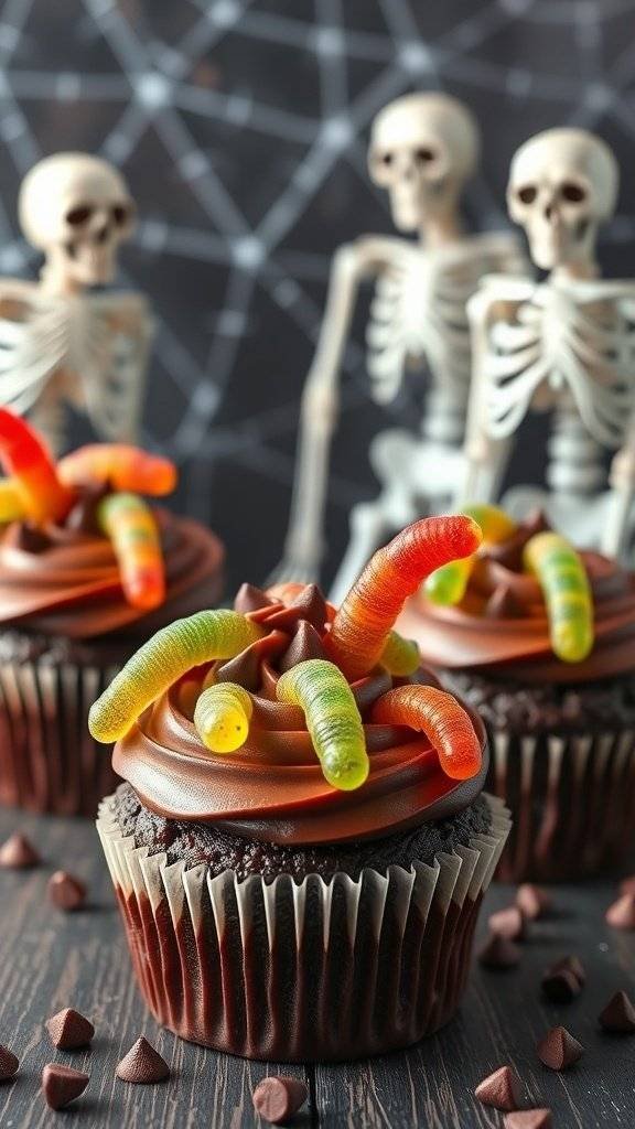 Chocolate cupcakes with chocolate frosting and gummy worms on top, with skeleton decorations in the background.