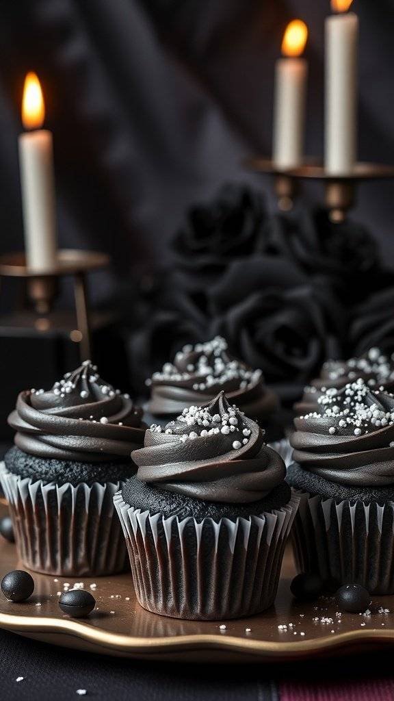 Sinister Black Velvet Cupcakes with dark frosting and edible pearls