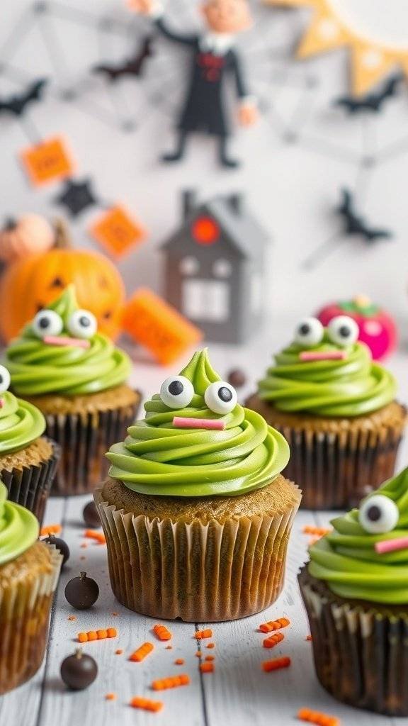 Halloween-themed cupcakes with green frosting and candy decorations