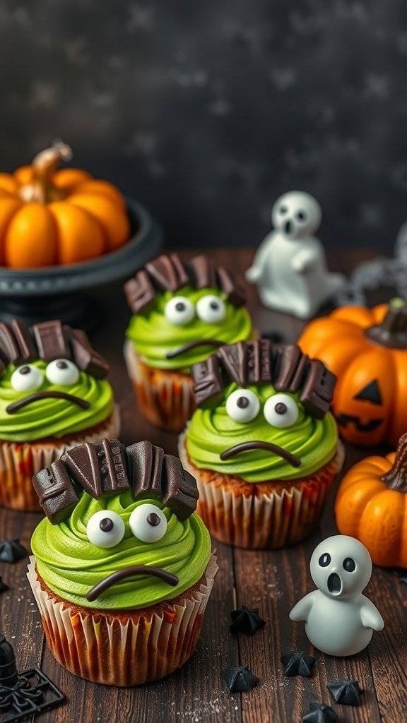 Freaky Frankenstein cupcakes decorated with green frosting, chocolate hair, and edible eyes, surrounded by Halloween decorations.