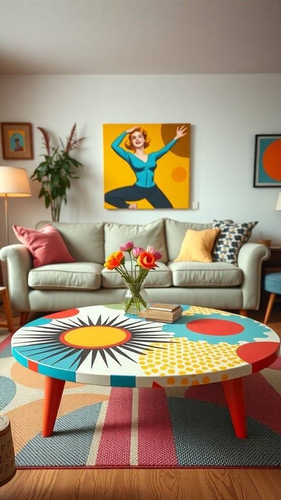 A colorful hand-painted coffee table with a sunburst design, surrounded by a cozy living room setting.