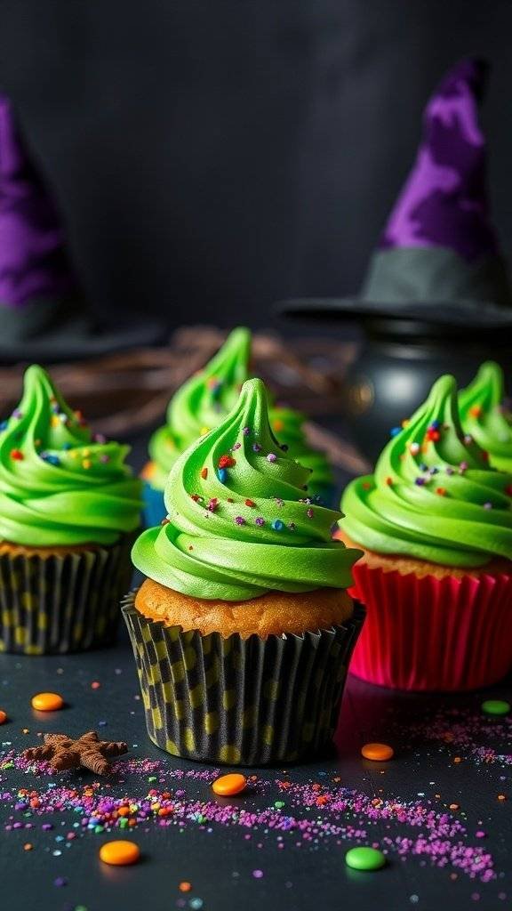 Halloween-themed cupcakes with green frosting and colorful sprinkles