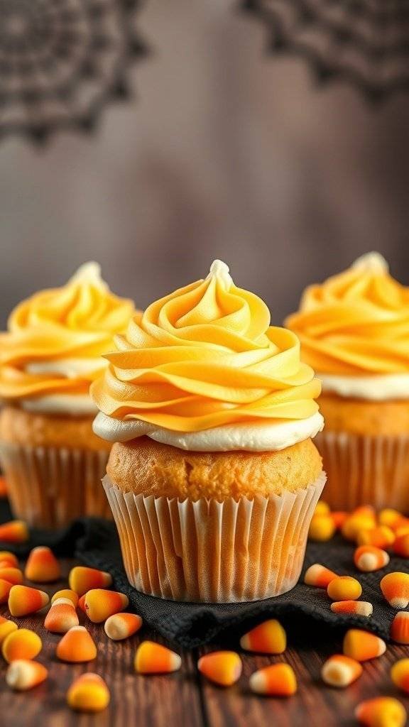 Three Halloween cupcakes with orange frosting and candy corn decorations