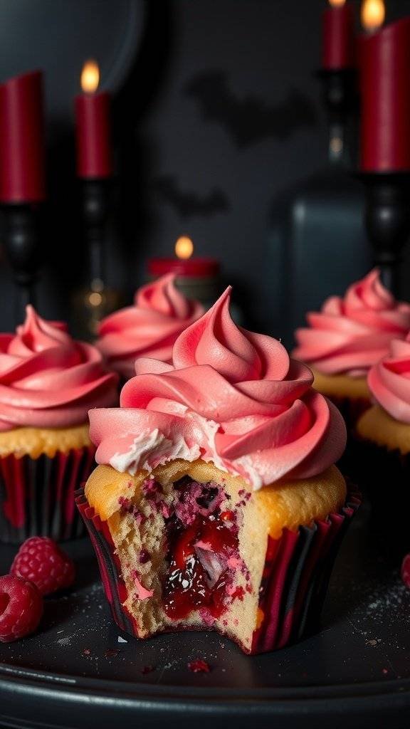 Vampire Bite Cupcakes with raspberry filling and red frosting, some with a bite taken out, surrounded by raspberries.