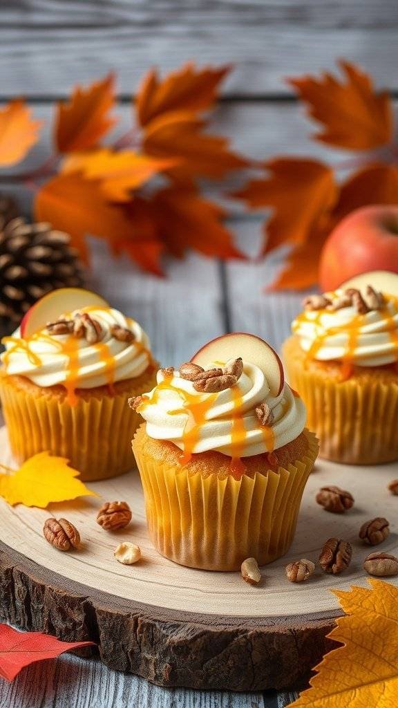 Three caramel apple cupcakes topped with frosting, caramel drizzle, and apple slices, surrounded by autumn leaves and pine cones.