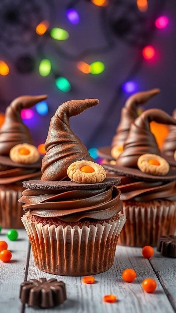 Charming witch hat cupcakes decorated with chocolate frosting and cookies, perfect for Halloween.