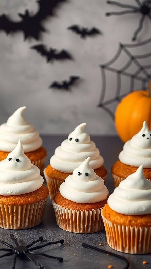 Ghostly pumpkin cupcakes with whipped cream topping and chocolate chip eyes, set against a Halloween backdrop.