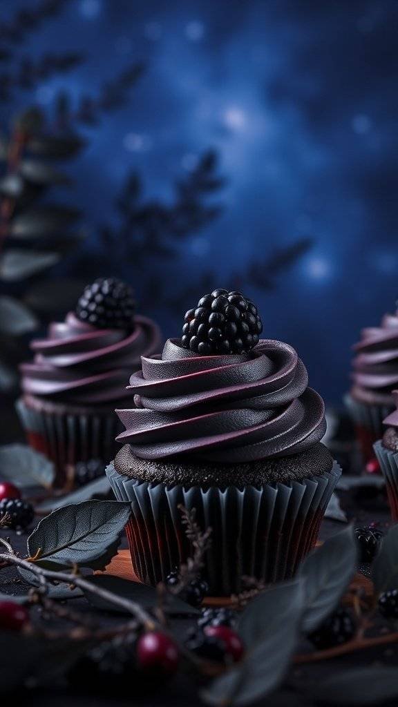 Blackberry cupcakes with dark frosting and fresh blackberries on top, set against a moody background.