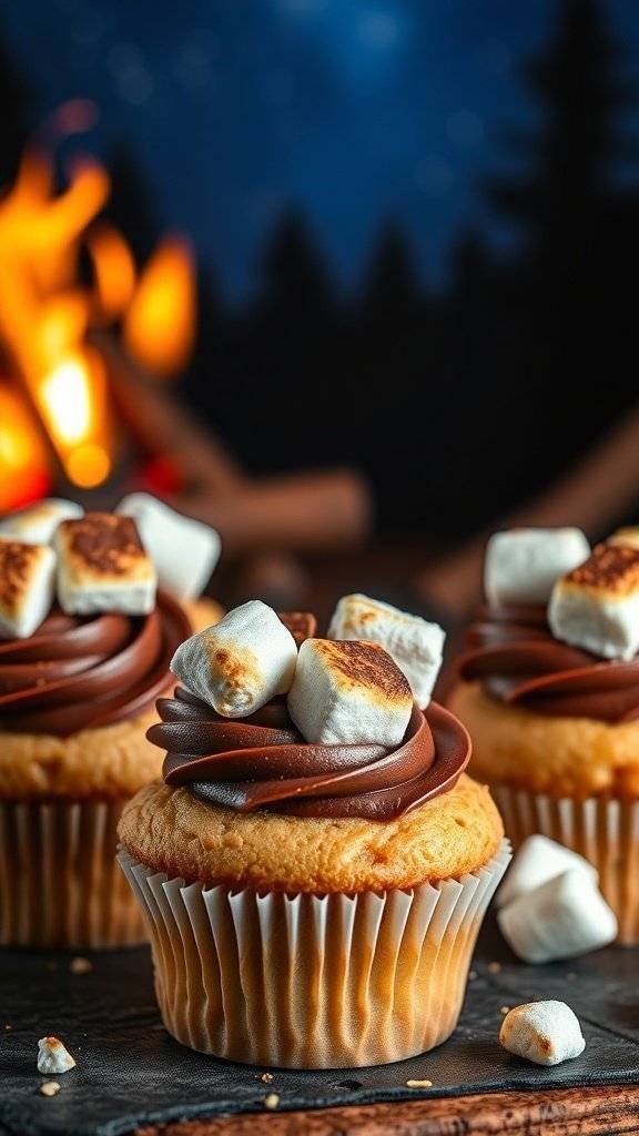 S'Mores cupcakes with chocolate frosting and toasted marshmallows