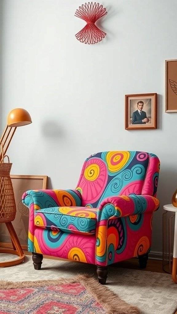 A colorful hand-painted chair with psychedelic swirls in pink, blue, and orange, set in a stylish room with modern decor.