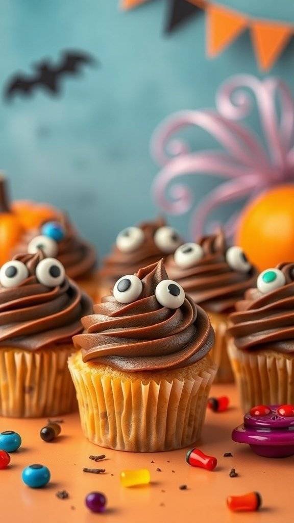 Halloween cupcakes decorated with chocolate frosting and candy eyes